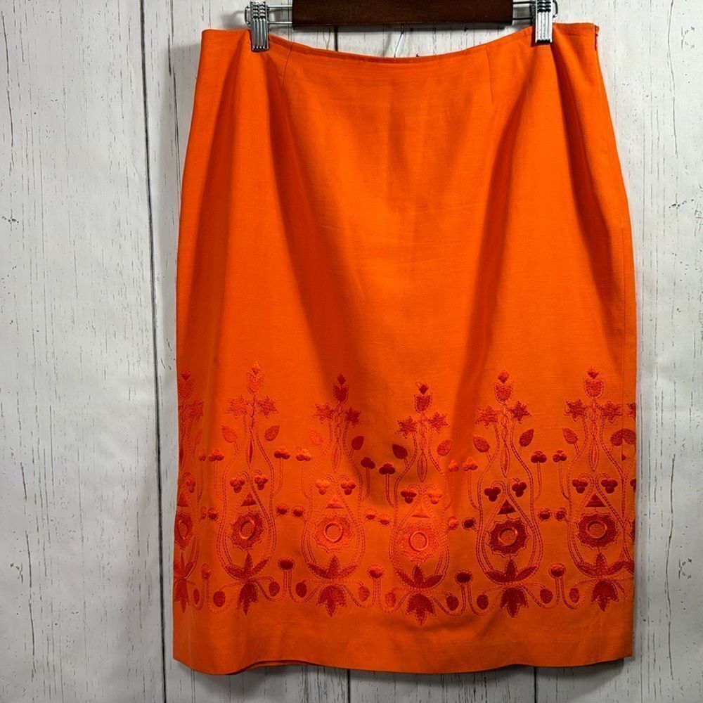 Sandra King Silk Linen Blend Embroidered Boho Casual Orange Womens Midi Skirt